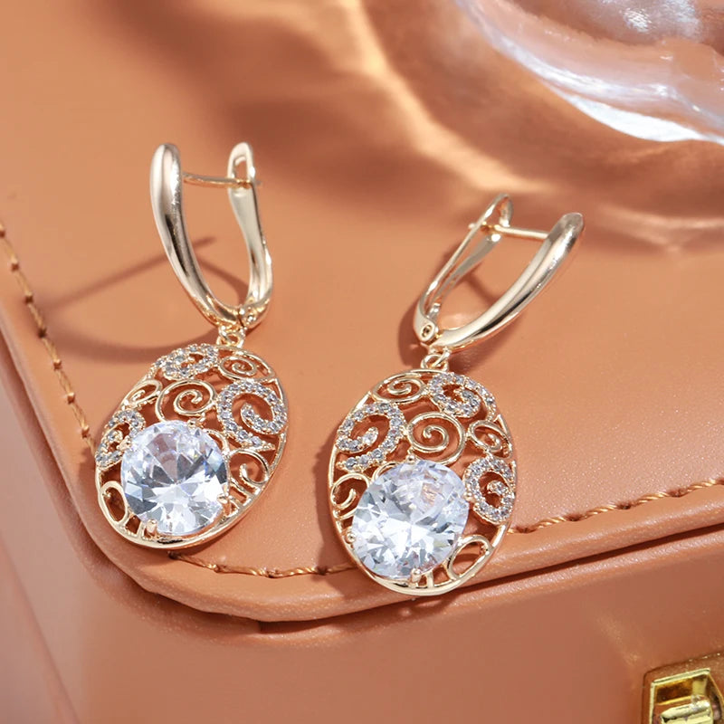 Jewellery    Rose Gold Color Crystal Flower Long Earring for Women Glossy Big Natural Zircon Drop Earring Trend Daily Jewelry