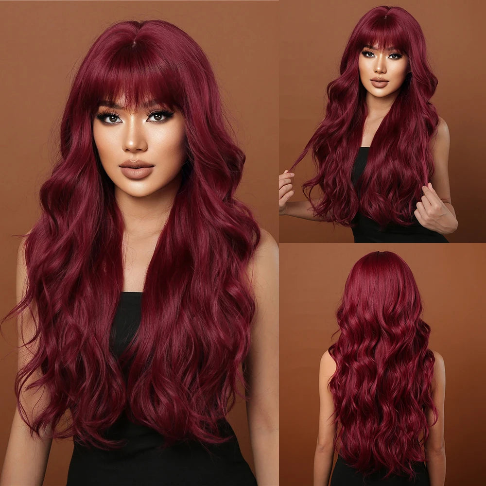 Crown & Glory Wigs  Long Wavy Chocolate Brown Synthetic Wigs for Women Natural Wave Curly Women Wigs With Bangs Daily Party Heat Resistant Fiber Wig