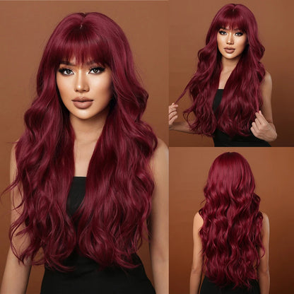 Crown & Glory Wigs  Long Wavy Chocolate Brown Synthetic Wigs for Women Natural Wave Curly Women Wigs With Bangs Daily Party Heat Resistant Fiber Wig