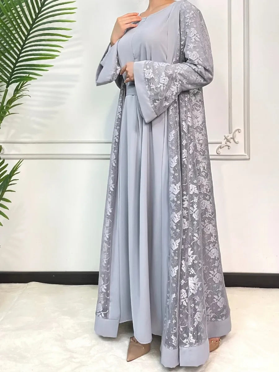 Muslim family   Ramadan Eid Prayer Lace Abaya 2 Piece Set Inner Dress Women Flare Sleeve Long Abayas Kaftan Djellaba Dubai Party Vestidos 2024