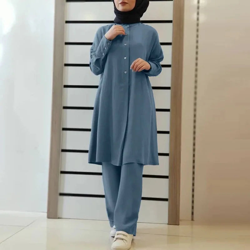 Muslim Family   Arab New Solid Color Two-Piece Shirt Pants Set Muslim Women Casual Loose  Set