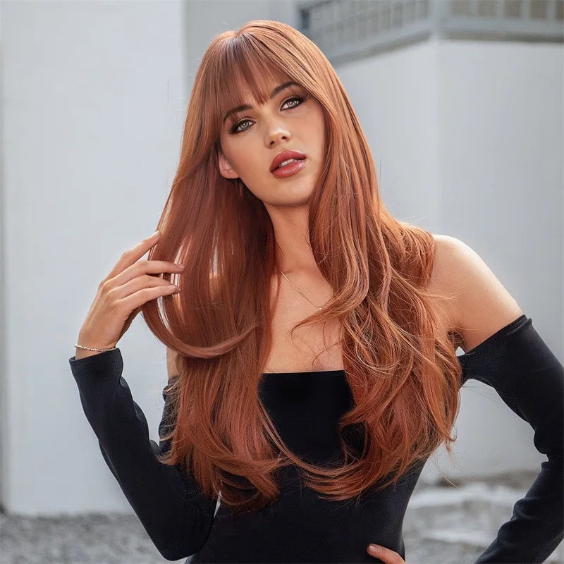 Crown & Glory Wigs  New sales of women's pink long curly air bangs long curly hair straight bangs synthetic hair big wave wig