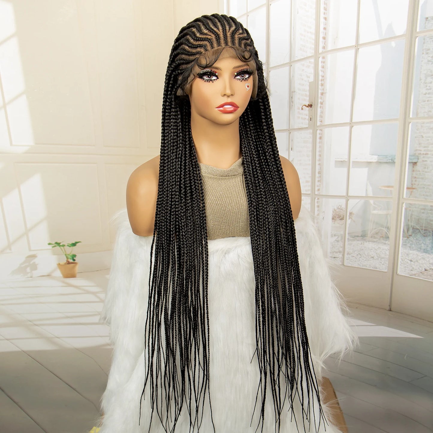 Crown & Glory Wigs  34 Inches Handmade Synthetic Braiding Wig HD Full Lace Cornrow Braided Wigs Back Knotless Box Braids Wig for Black Women