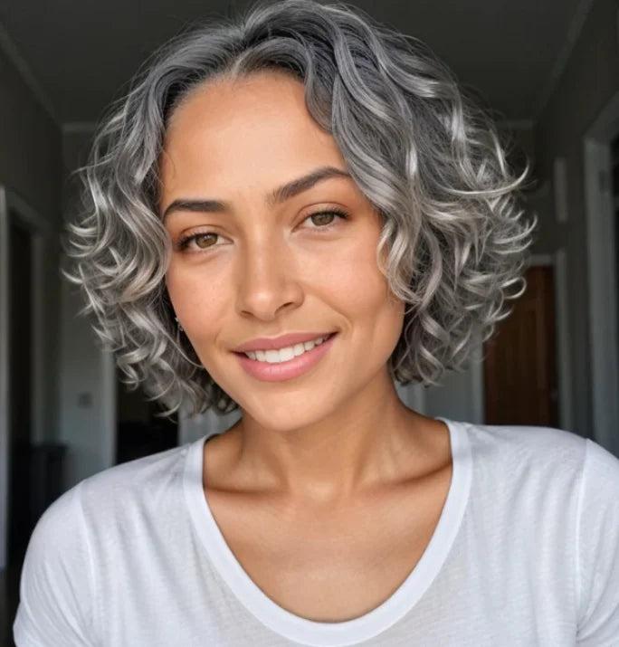 Crown & Glory Wigs  Luvin 16inch Water wave Bob Wig Salt and Pepper Human Hair Wigs Pre Plucked Grey Short Bob Wig Pre Cut 5x5 Closure Wig For Women