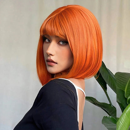 Crown & Glory Wigs Orange Short Bob Straight Synthetic Wigs with Bangs for White Women Afro Cosplay Christmas Hair Natural Daily Heat Resistant Wig