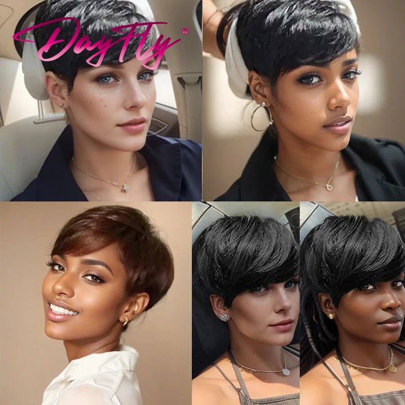 Crown & Glory Wigs Short Grey Wigs Highlight Pixie Cut Wig With Bangs Brazilian Hair Natural Wave Wigs Ombre P1B 30 44 34 Human Hair Wigs For Women