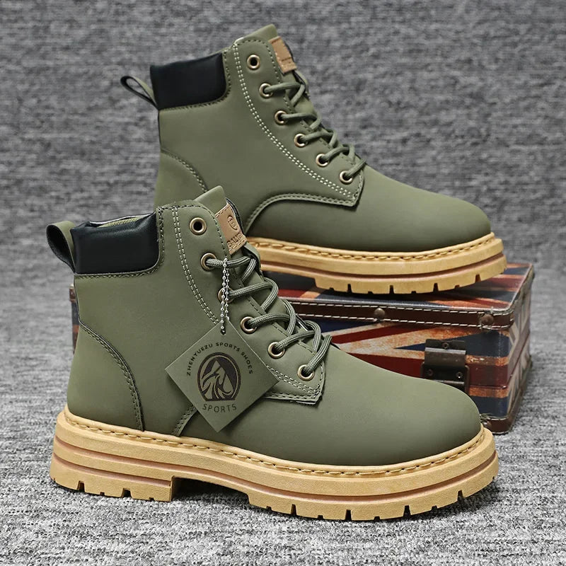 Men shoes High Top Men Boots Fashion Motorcycle Ankle Boots for Men New Hot Green Male Hiking Boot Winter Lace-Up Men's Shoes Botas Hombre