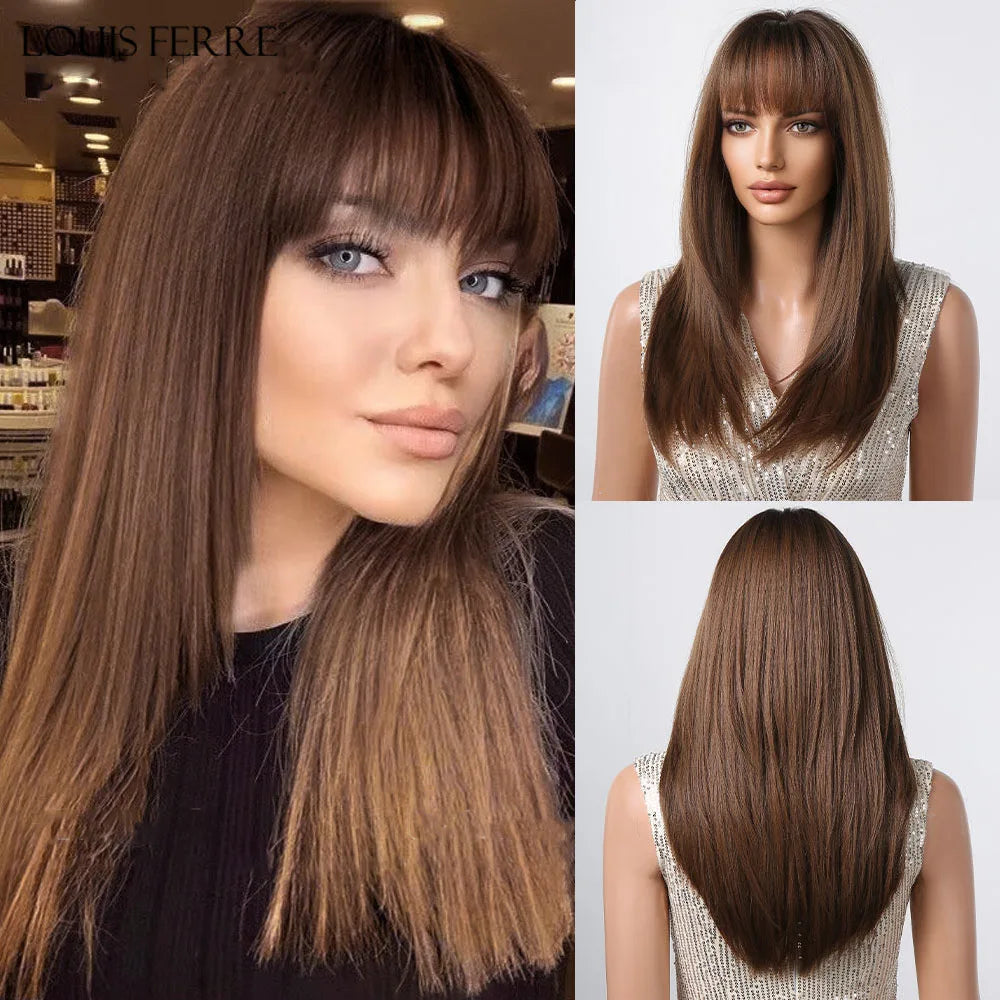 Crown & Glory Wigs  Grey White To Brown Ombre Synthetic Wigs Long Straight Layered Hair Wig For Women High Temperature Wig For Cosplay Daily Party