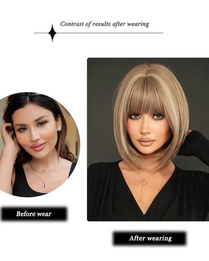 Crown & Glory Wigs NAMM Straight Light Brown Bob Wigs for Women Party Use With Neat Bangs Highlight Blonde High Density Synthetic Wig