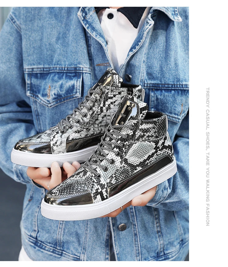 Men shoes  Hot Zipper High Top Sneakers Men Fashion Crocodile Leather Shoes For Men Luxury Golden Casual Sneakers Male Hip Hop Rock Shoes