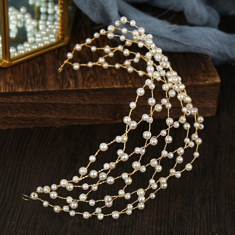 Jewellery   Gold Color Luxury Pearl Headband Hairband Tiara For Women Bride Pearl Bridal Wedding Hair Accessories Jewelry Headband Tiara