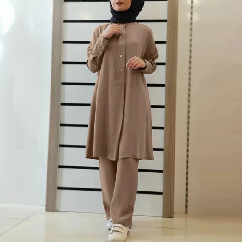 Muslim Family   Arab New Solid Color Two-Piece Shirt Pants Set Muslim Women Casual Loose  Set