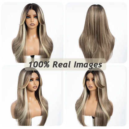 Crown & Glory Wigs  Synthetic Wigs 26 Inch Long Straight Lace Wigs With Bnags Lace Front Wig For Women Ombre Blonde Brown Cosplay Daily Party Wigs