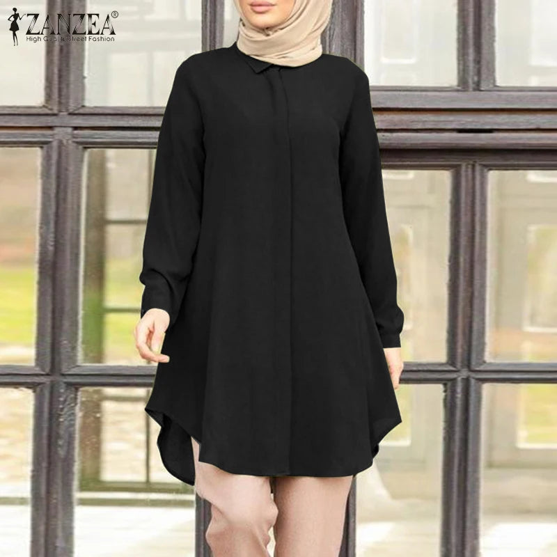 Muslim family Women  Muslim Blouse ZANZEA Spring Elegant Long Sleeve Solid Shirt  Turkey Tops Abaya Marocain Blusas IsIamic Clothing