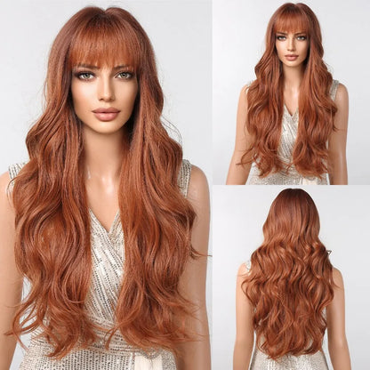 Crown & Glory Wigs  Ginger Curly Synthetic Wigs for Women Long Natural Wavy Orange Wigs with Flat Bangs Colorful Party Heat Resistant Wig