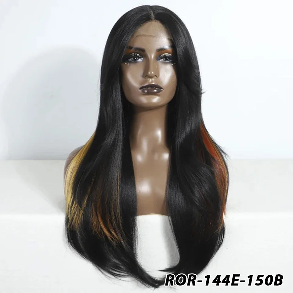 Crown & Glory Wigs  Synthetic Wigs 26 Inch Long Straight Lace Wigs With Bnags Lace Front Wig For Women Ombre Blonde Brown Cosplay Daily Party Wigs