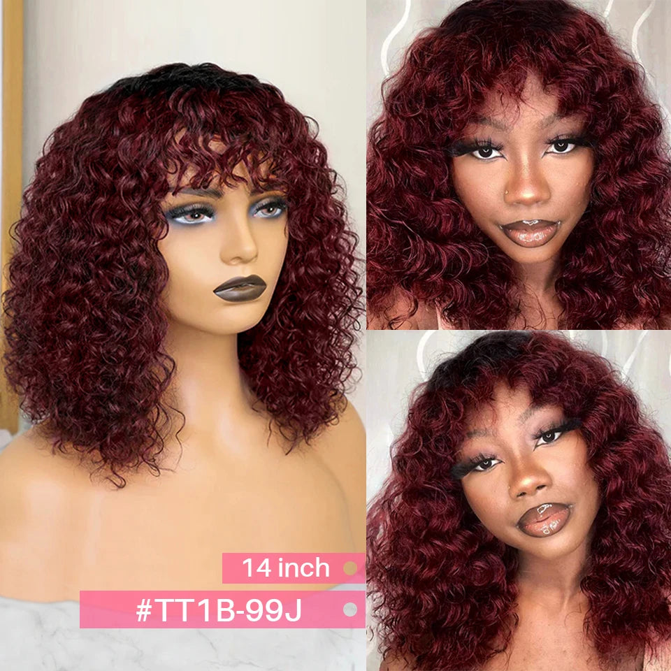 Crown & Glory Wigs  Debut Highlight Curly With Bangs Human Hair Wigs Kinky Curly Wigs For Black Women Brazilian Remy Human Hair Wigs Cheap Jerry Curl