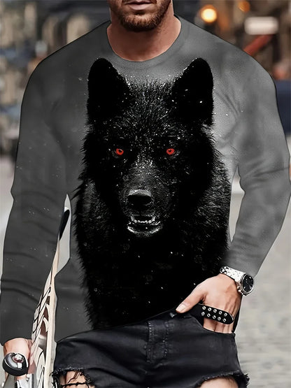 Men clothing Street Fashion Men's Long Sleeve T-shirt  Wolf Print