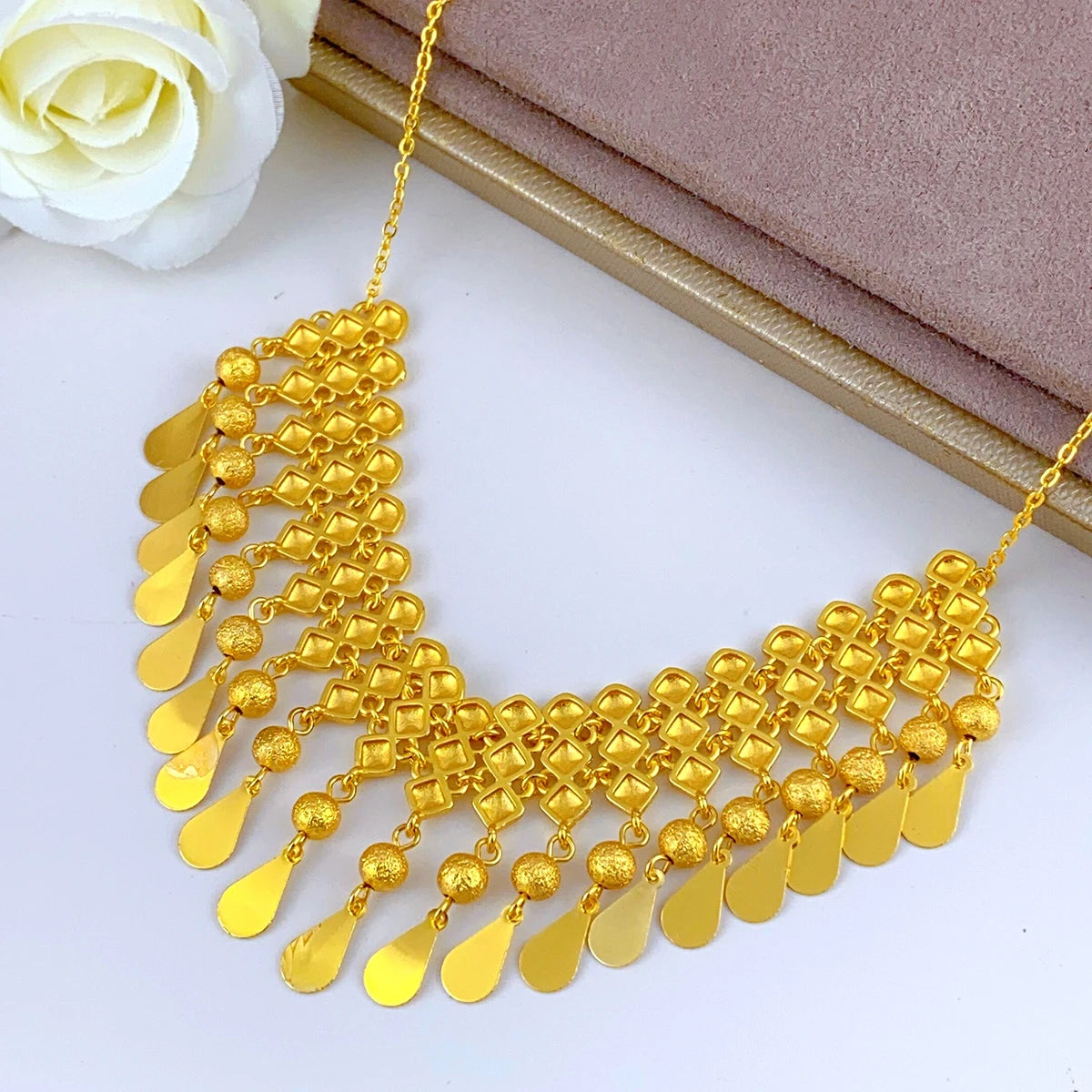 Jewellery    XuHuang African Crystal Pendant Tassel Necklace For Woman Ethiopian Bride Wedding Gold Color Jewelry Party Dubai Gifts 24K