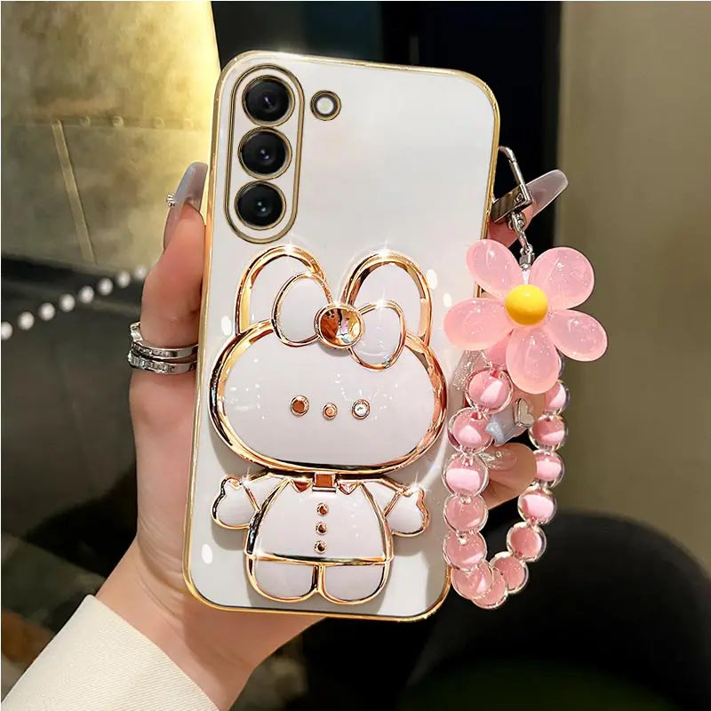 Makeup and face  Make Up Mirror Rabbit Flower Strap Case For Samsung Galaxy S24 S23 FE Plus Ultra Fan Edition