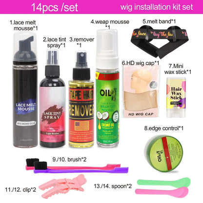 Style & Shine Hair  14Pcs Wig Kit For Beginners Edge Control Hair Wax Stick Hair Mousse Lace Melt Mousse Lace Tint Spray Tape Hair Remover Spray