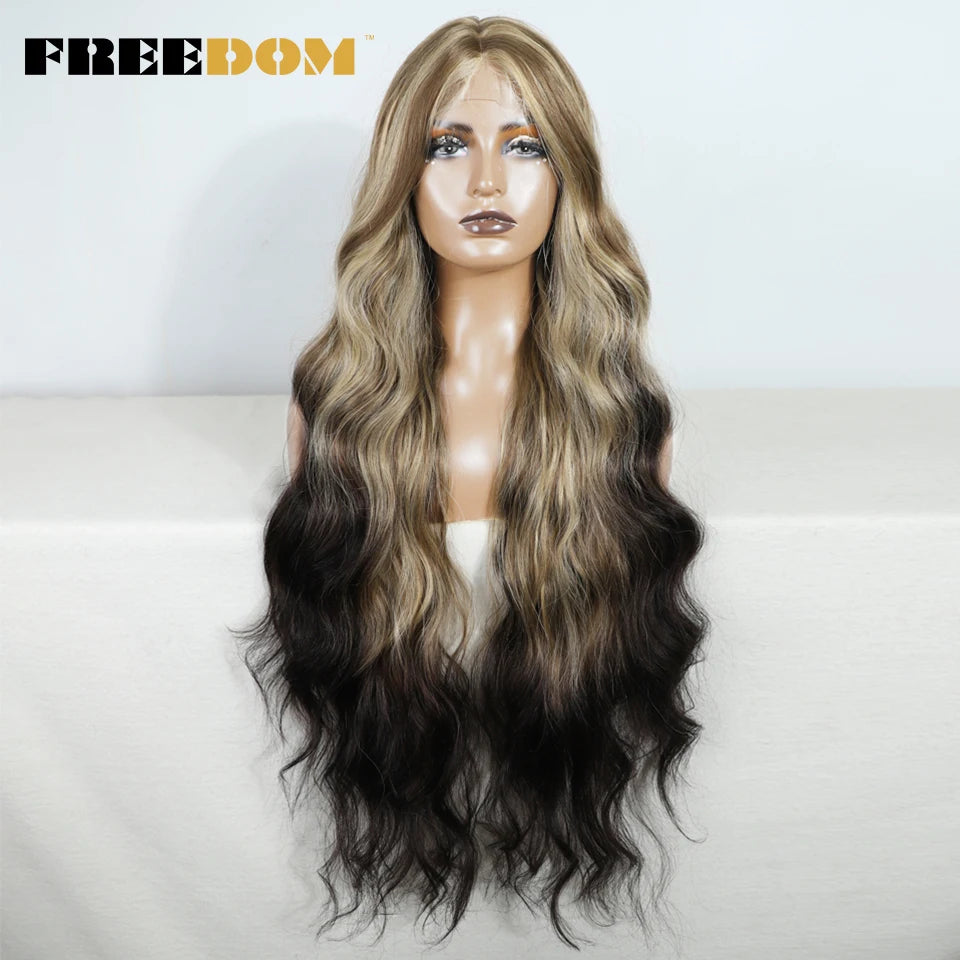 Crown & Glory Wigs   FREEDOM Synthetic Lace Front Wigs For Women 36" Long Body Wave Lace Wig Ombre Brown Blonde Highlight Cosplay Wigs Heat Resistant