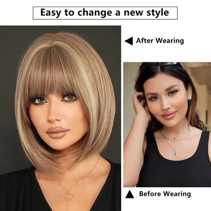 Crown & Glory Wigs NAMM Straight Light Brown Bob Wigs for Women Party Use With Neat Bangs Highlight Blonde High Density Synthetic Wig