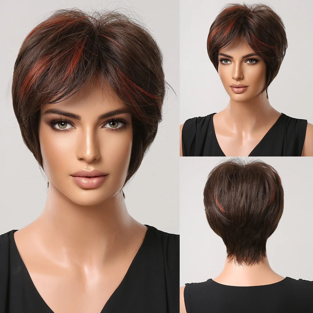 Crown & Glory Wigs EASIHAIR Short Honey Brown Synthetic Wigs for Women Layered Natural Hair Wigs Free Part Short Hair Daily Wig Heat Resistant