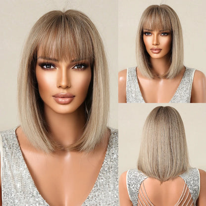 Crown & Glory Wigs  HENRY MARGU Brown Highlight Bob Wig Mixed Color Synthetic Hair for Women Natural Short Straight Wigs with Bangs High Temperature