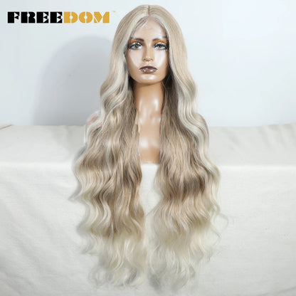 Crown & Glory Wigs   FREEDOM Synthetic Lace Front Wigs For Women 36" Long Body Wave Lace Wig Ombre Brown Blonde Highlight Cosplay Wigs Heat Resistant