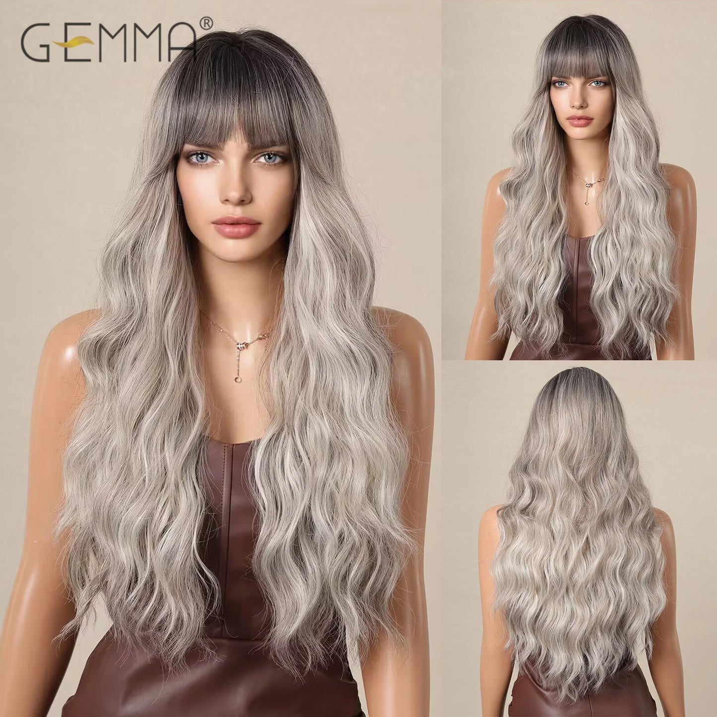 Crown & Glory Wigs  Long Light Blonde Wavy Wig with Bangs Synthetic Women Hair Wigs for Cosplay Daily Use Natural Fake Hair Heat Resistant Fibre