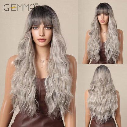 Crown & Glory Wigs  Long Light Blonde Wavy Wig with Bangs Synthetic Women Hair Wigs for Cosplay Daily Use Natural Fake Hair Heat Resistant Fibre