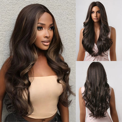 Crown & Glory Wigs   Black Brown Curly Synthetic Wigs with Highlight Hair Wig for Women Daily Cosplay Use Natural Hairline Heat Resistant Fiber