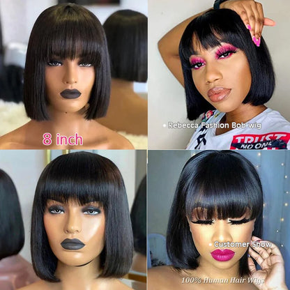 Crown & Glory Wigs  Short Bob Wig With Bangs Glue less Human Hair Wig Ready to Go Straight Hair Bob Wigs Brazilian Remy Full Machine Wigs for Women