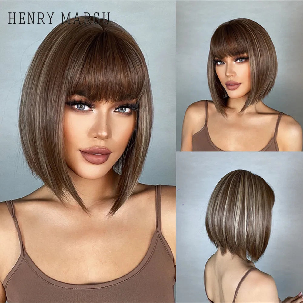 Crown & Glory Wigs  HENRY MARGU Brown Highlight Bob Wig Mixed Color Synthetic Hair for Women Natural Short Straight Wigs with Bangs High Temperature