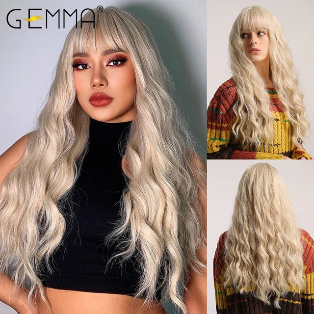 Crown & Glory Wigs  Long Light Blonde Wavy Wig with Bangs Synthetic Women Hair Wigs for Cosplay Daily Use Natural Fake Hair Heat Resistant Fibre