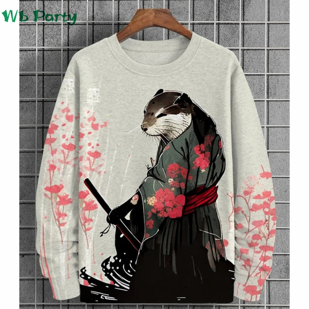 Men clothing Fashion Animal Print  Long Sleeve T-shirt Animal Graphic T shirts Round Neck