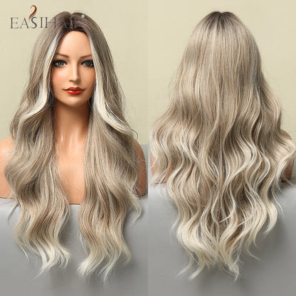 Crown & Glory Wigs EASIHAIR Ombre Brown Light Blonde Platinum Long Wavy Middle Part Hair Wig Cosplay Natural Heat Resistant Synthetic Wig for Women