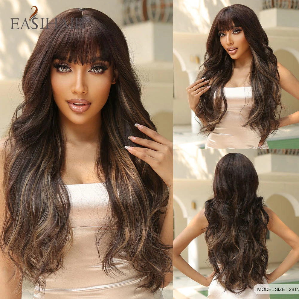 Crown & Glory Wigs EASIHAIR Dark Brown Long Wavy Synthetic Wig with Bangs Natural Wave Cosplay Daily Use Hair Wigs for Women Afro Heat Resistant