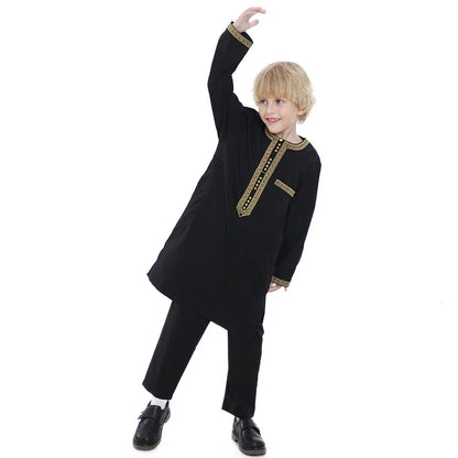 Muslim family   Muslim Children Robe 2 Piece Set Kids Boy Round Neck Long Sleeve Printed Dress Shirt Abaya Kaftan Jubba Thobe Islamic Clothing