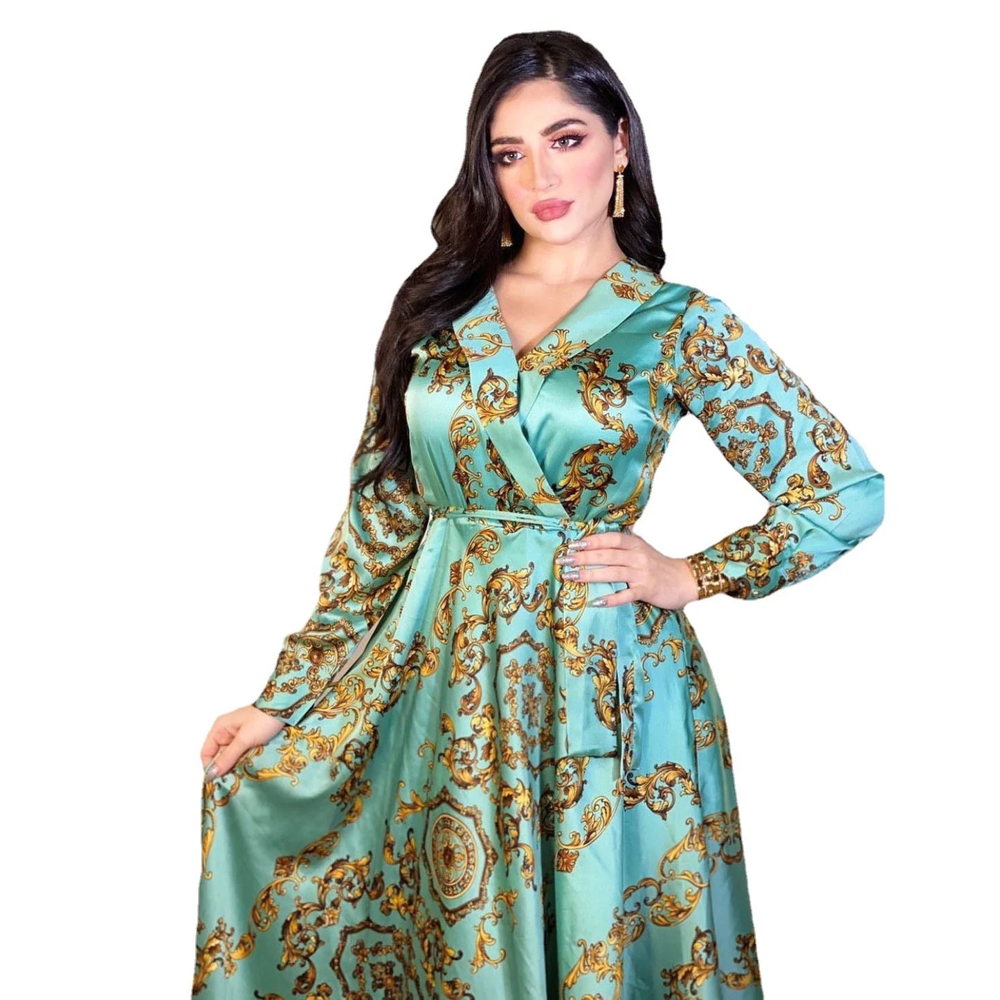 Muslim family   Autumn Modest Muslim Dress Elegant Evening Party Gowns Dubai Middle East Long Sleeves Vintage Printing Maxi Dresses Abaya Robe