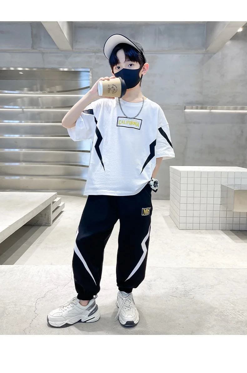 Boy  clothing   Summer Boys Cotton Alphabet Lightning T-Shirt Tops+Sweatpant School Kids 2PCS Tracksuit Child Jogger Outfit Workout Set 5-14 Yr