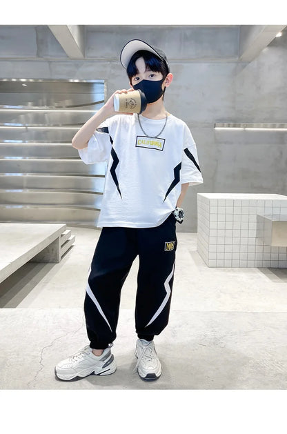 Boy  clothing   Summer Boys Cotton Alphabet Lightning T-Shirt Tops+Sweatpant School Kids 2PCS Tracksuit Child Jogger Outfit Workout Set 5-14 Yr