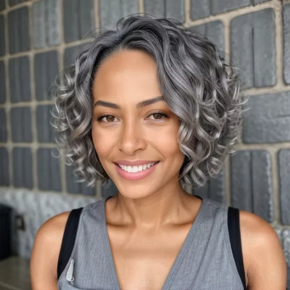 Crown & Glory Wigs  Luvin 16inch Water wave Bob Wig Salt and Pepper Human Hair Wigs Pre Plucked Grey Short Bob Wig Pre Cut 5x5 Closure Wig For Women