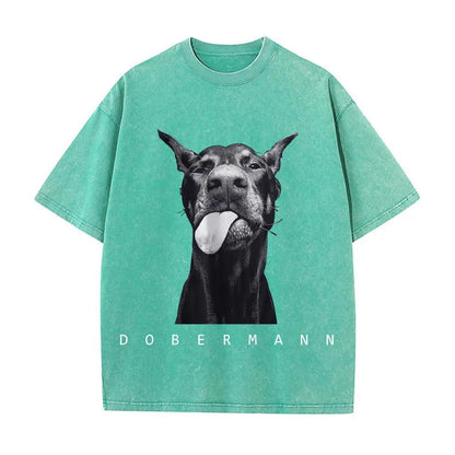 Woman clothing   Cotton Washed T-Shirts Fashion Creativity Doberman Printing Short Sleeve