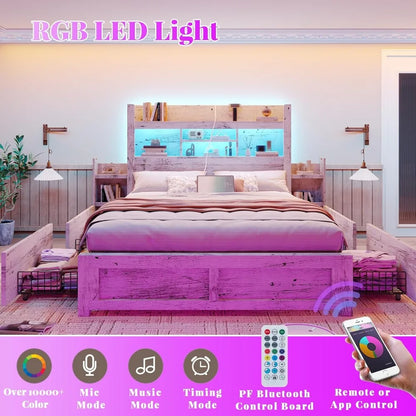 Living Room Queen Bed Frame with 49.6" Bookcase Headboard & 2 Bedside Stoage Racks & Drawers,Wood Bed Frame with RGB LED & Charging Station