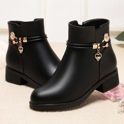 Woman shoes Women's Rhinestone Leather Boots Autumn Winter Warm Cotton Shoes Low Heel Round Head Side Zip Footwear Botas Para Mujeres