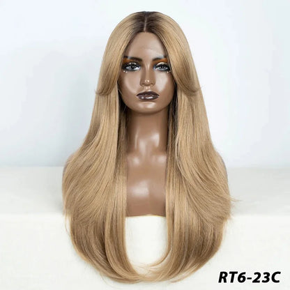 Crown & Glory Wigs  Synthetic Wigs 26 Inch Long Straight Lace Wigs With Bnags Lace Front Wig For Women Ombre Blonde Brown Cosplay Daily Party Wigs