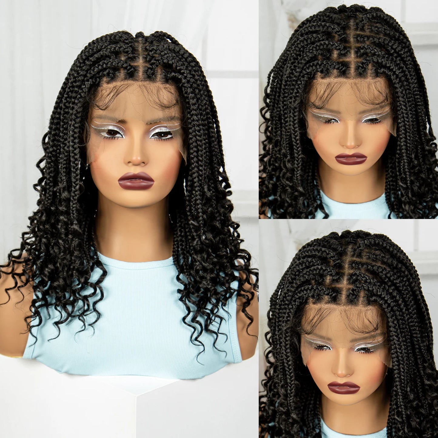 Crown & Glory Wigs  Full Lace Braided Lace Wigs Synthetic Knotless Box Braided Lace Wig with Curly Ends for Black Women Kinky Curly Braided Bob Wig