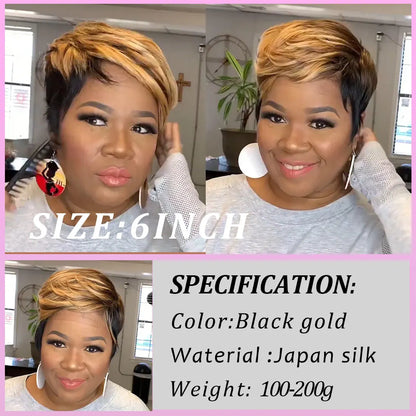 Crown & Glory Wigs  WIGERA Highlight Synthetic Short Straight Pixie Cut Hair Bob Wig Ombre Honey Blonde Mix Black Bronw Layered Hair Wigs For Woman